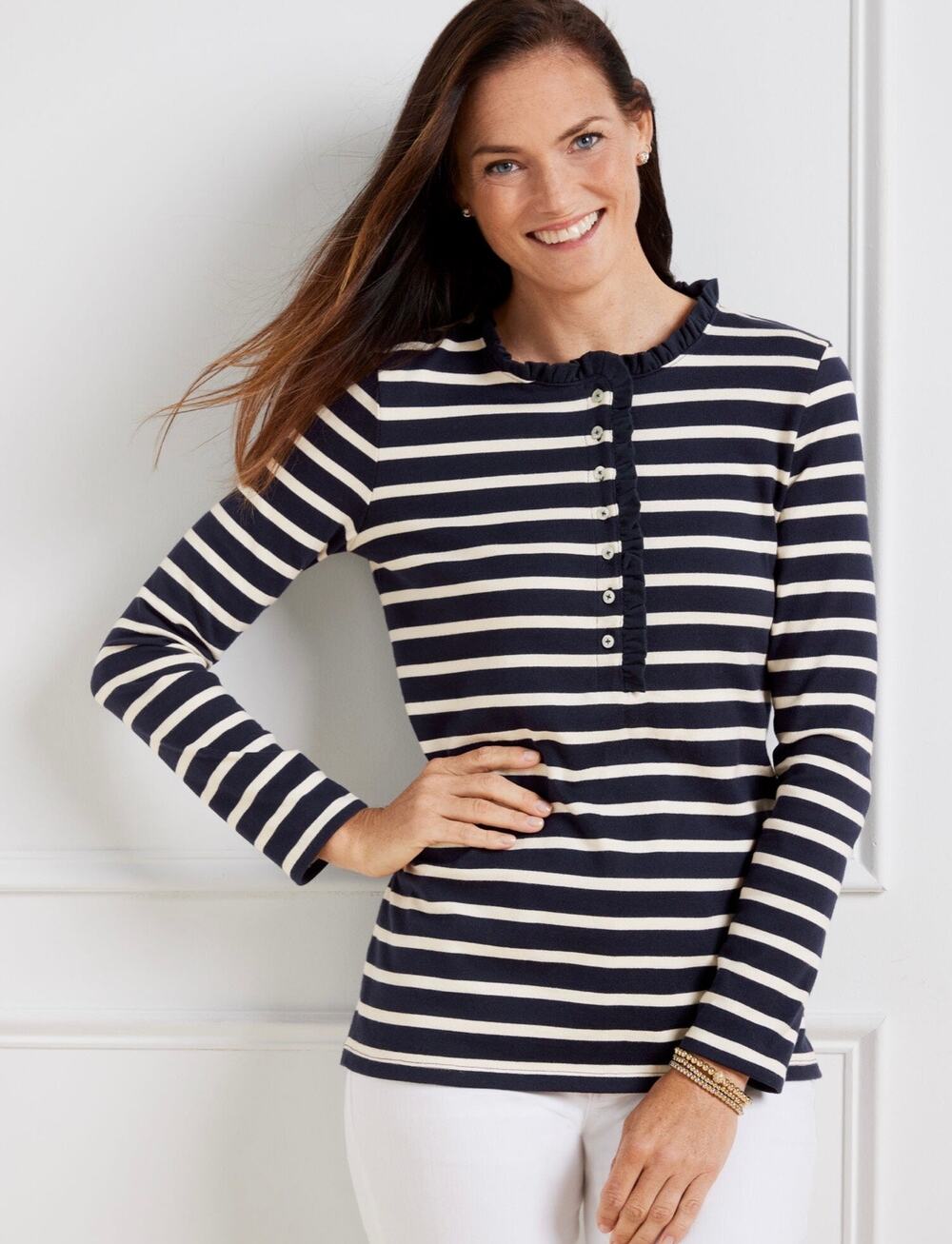 Talbot’s Ruffle Placket Crewneck Knit Top, Size XL
